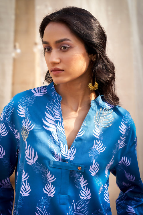 Deep Blue Base Leaf-Printed Co-ord Set