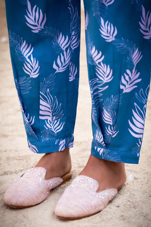 Deep Blue Base Leaf-Printed Co-ord Set