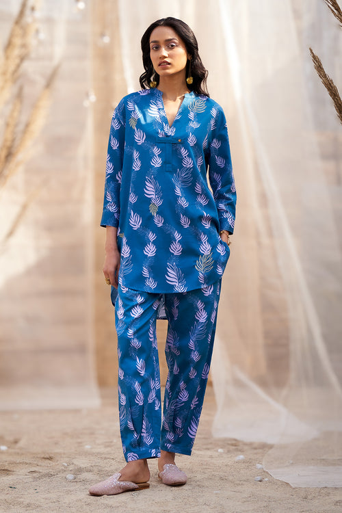 Deep Blue Base Leaf-Printed Co-ord Set