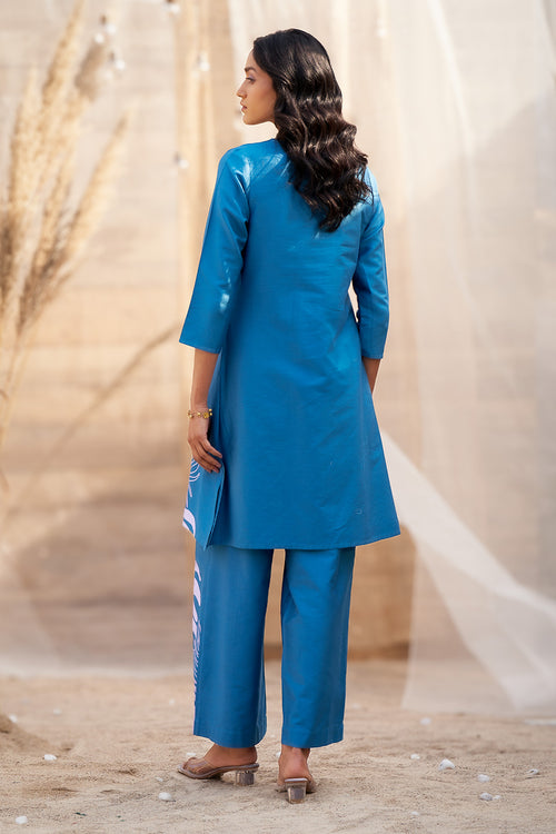 Bold Blue Leaf-Print Co-ord with Flared Pants