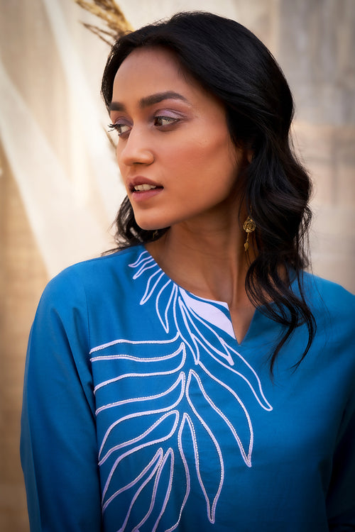 Bold Blue Leaf-Print Co-ord with Flared Pants