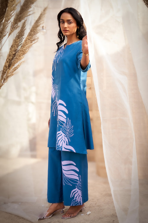 Bold Blue Leaf-Print Co-ord with Flared Pants