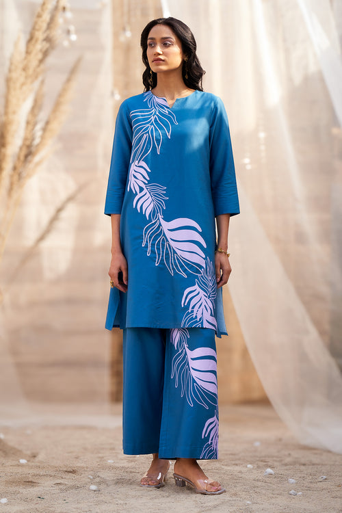 Bold Blue Leaf-Print Co-ord with Flared Pants