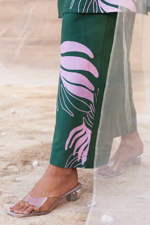 Bold Green Leaf-Print Co-ord with Flared Pants