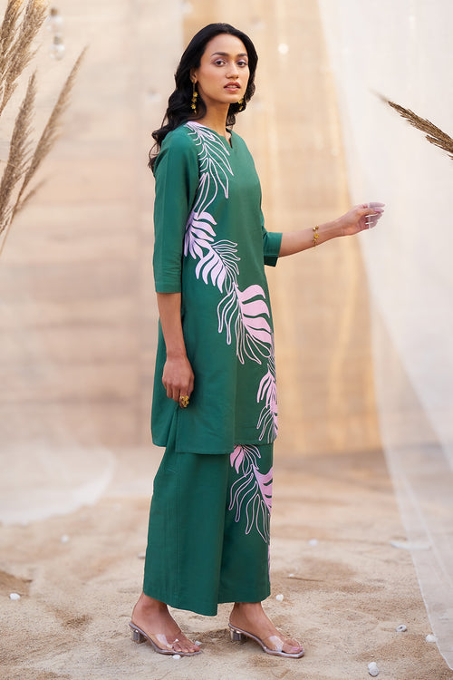 Bold Green Leaf-Print Co-ord with Flared Pants