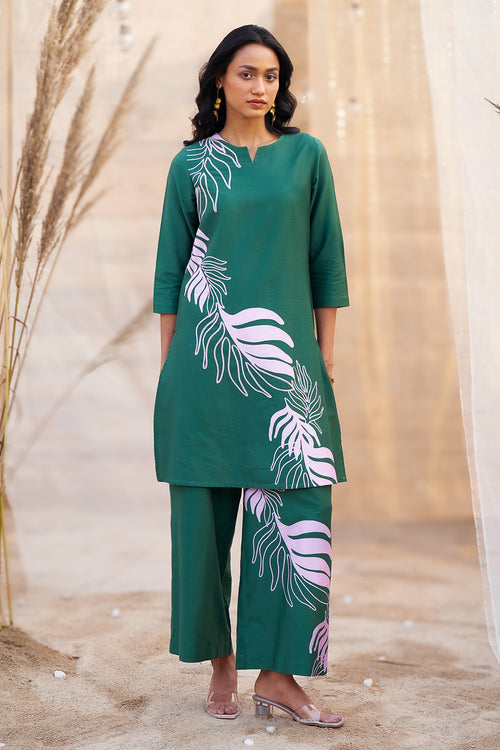 Bold Green Leaf-Print Co-ord with Flared Pants