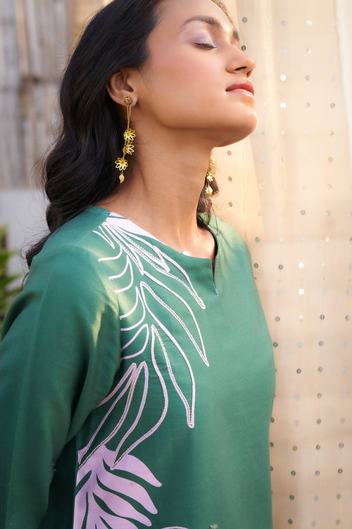 Bold Green Leaf-Print Co-ord with Flared Pants