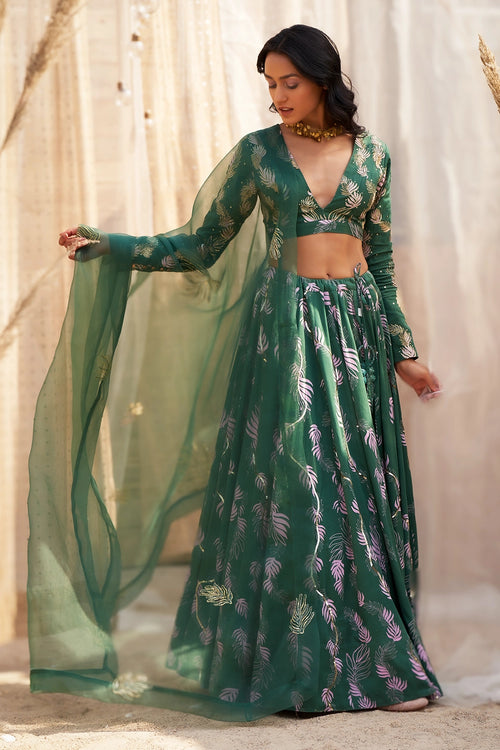 Green Cotton Satin Lehenga with Organza Dupatta