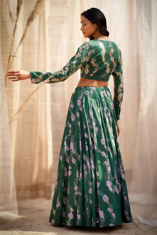 Green Cotton Satin Lehenga with Organza Dupatta