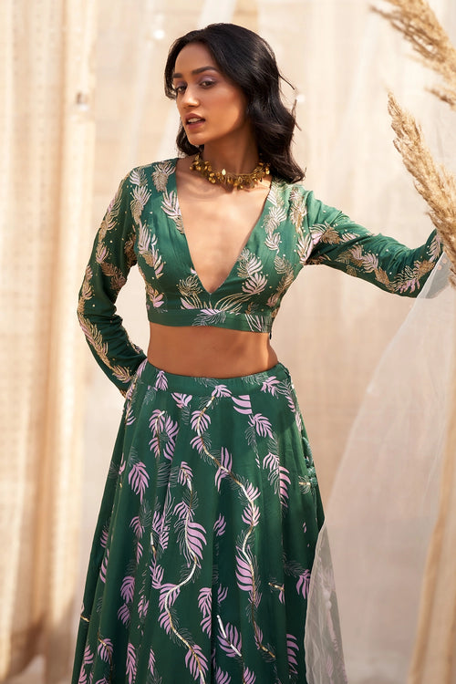 Green Cotton Satin Lehenga with Organza Dupatta