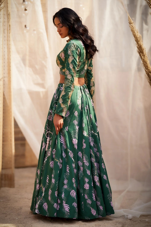 Green Cotton Satin Lehenga with Organza Dupatta