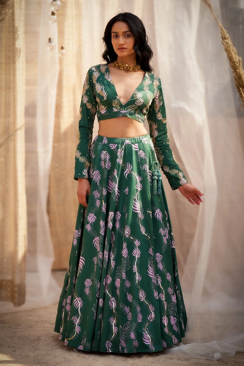 Green Cotton Satin Lehenga with Organza Dupatta