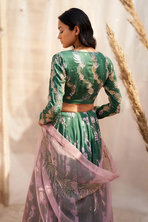 Green Cotton Satin Lehenga Set with Pink Organza Dupatta