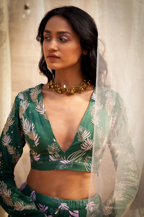 Green Cotton Satin Lehenga Set with Pink Organza Dupatta