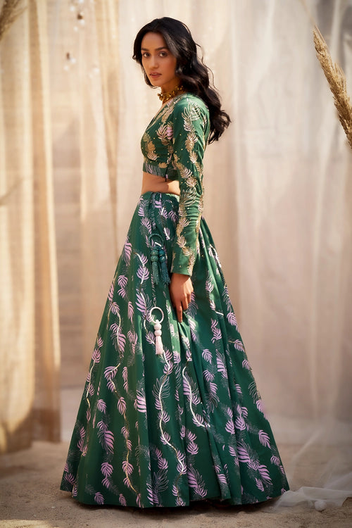 Green Cotton Satin Lehenga Set with Pink Organza Dupatta