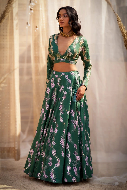 Green Cotton Satin Lehenga Set with Pink Organza Dupatta