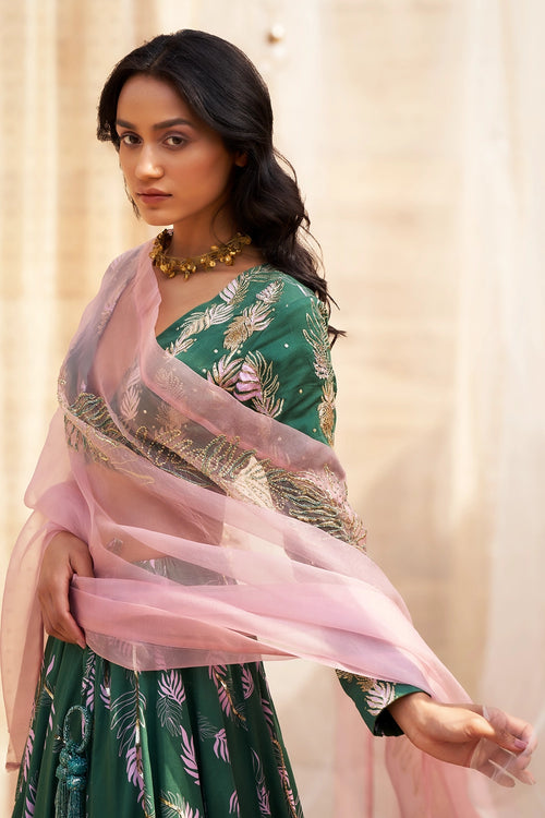 Green Cotton Satin Lehenga Set with Pink Organza Dupatta