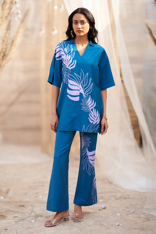 Stylish Blue Big Leaf-Print Co-ord with Boot-Cut Pants