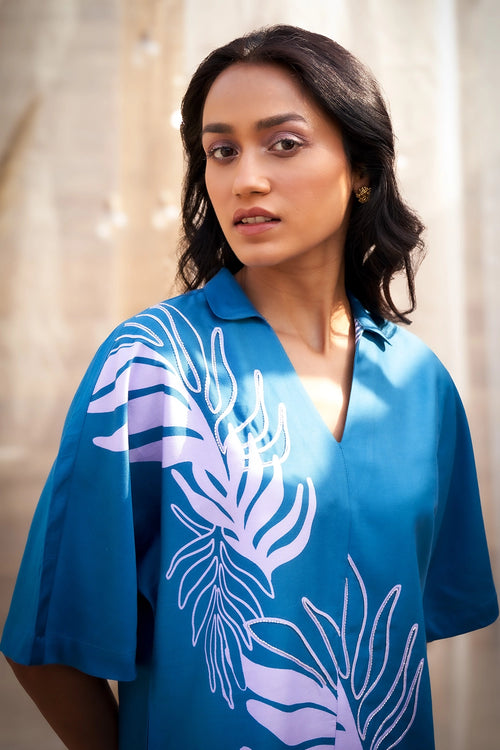 Stylish Blue Big Leaf-Print Co-ord with Boot-Cut Pants
