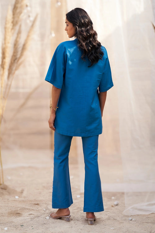 Stylish Blue Big Leaf-Print Co-ord with Boot-Cut Pants