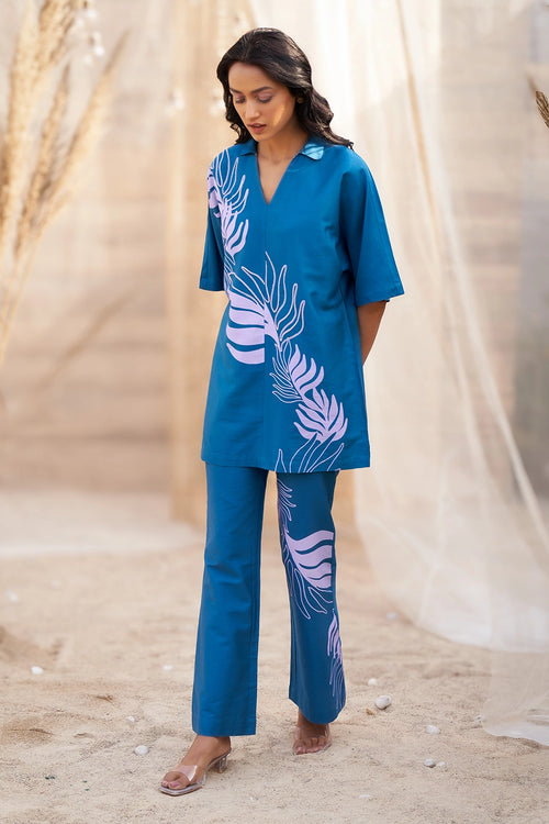 Stylish Blue Big Leaf-Print Co-ord with Boot-Cut Pants