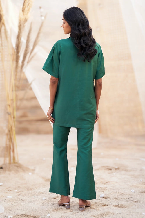 Stylish Green Big Leaf-Print Co-ord with Boot-Cut Pants