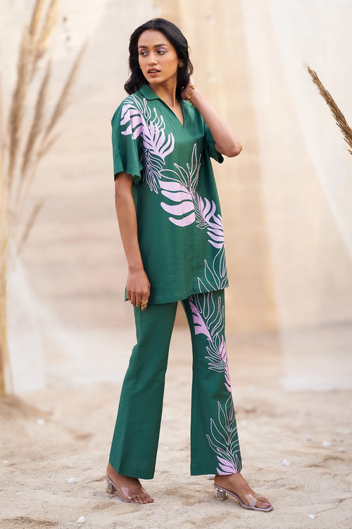 Stylish Green Big Leaf-Print Co-ord with Boot-Cut Pants