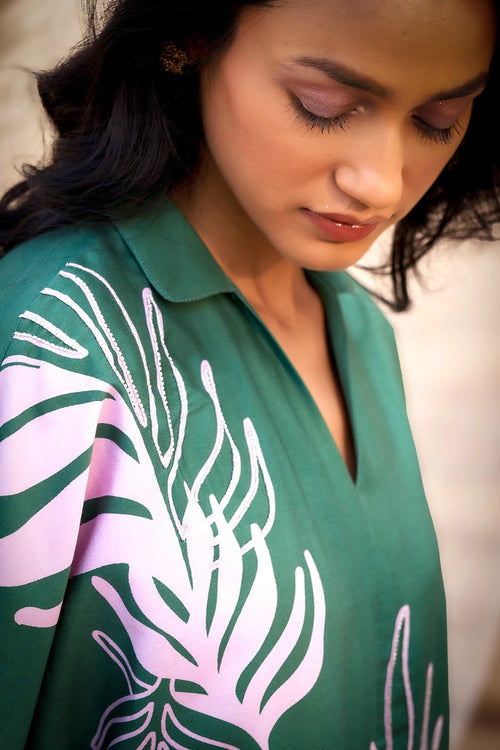 Stylish Green Big Leaf-Print Co-ord with Boot-Cut Pants