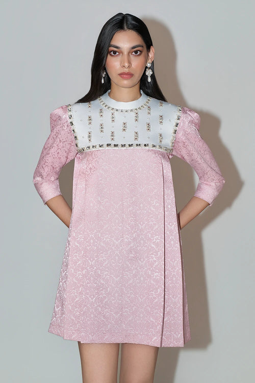 Pink Jacquard Embellished Mini Dress