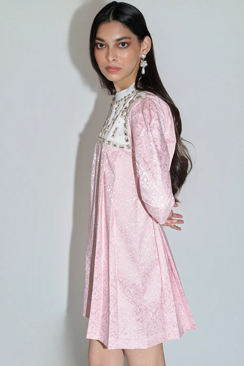 Pink Jacquard Embellished Mini Dress