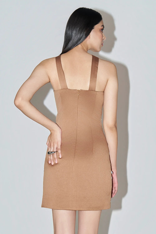 Hand-Embellished Brown Mini Dress
