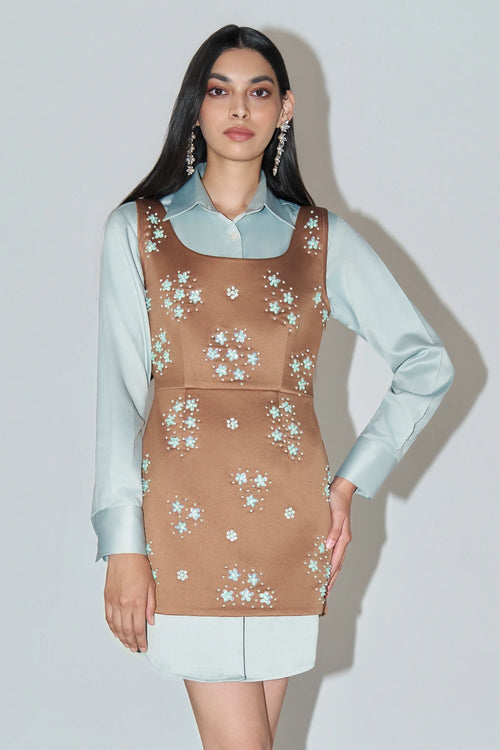 Embellished Brown Mini Dress Set