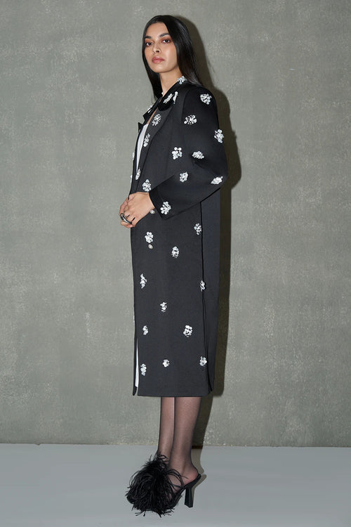 Black Embellished Floral Long Coat