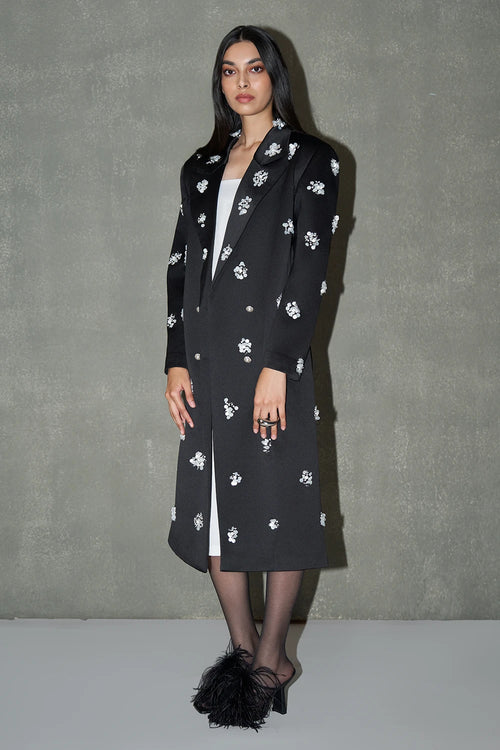Black Embellished Floral Long Coat