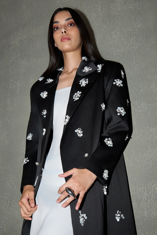 Black Embellished Floral Long Coat