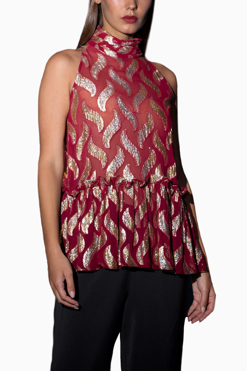Red Halter Neck Top With Frilled Hem