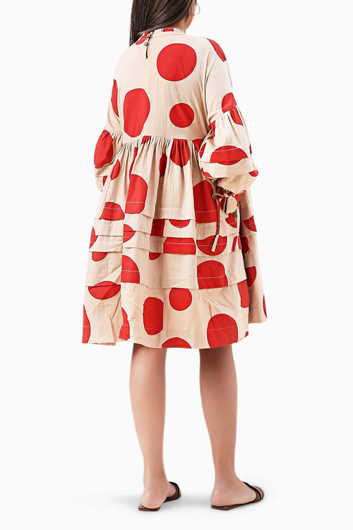Red Hand Block Printed Polka Avira Dress