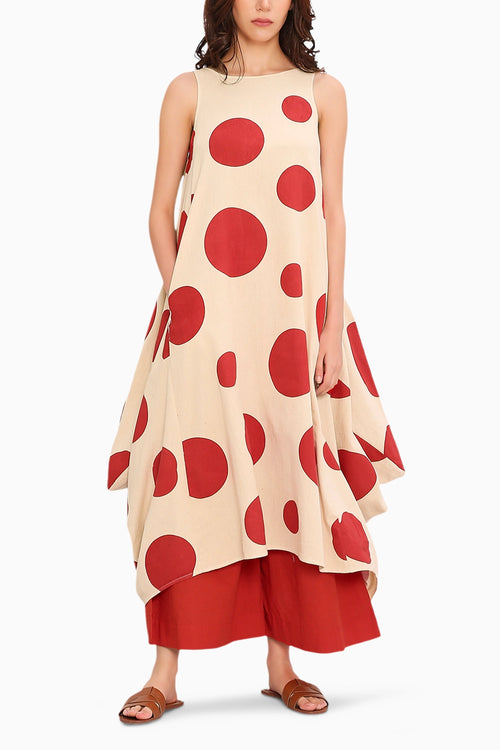 Red Hand Block Printed Polka Vari Co-Ord Set
