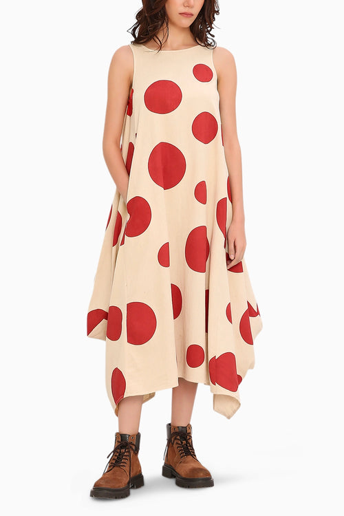 Red Hand Block Printed Polka Vari Dress