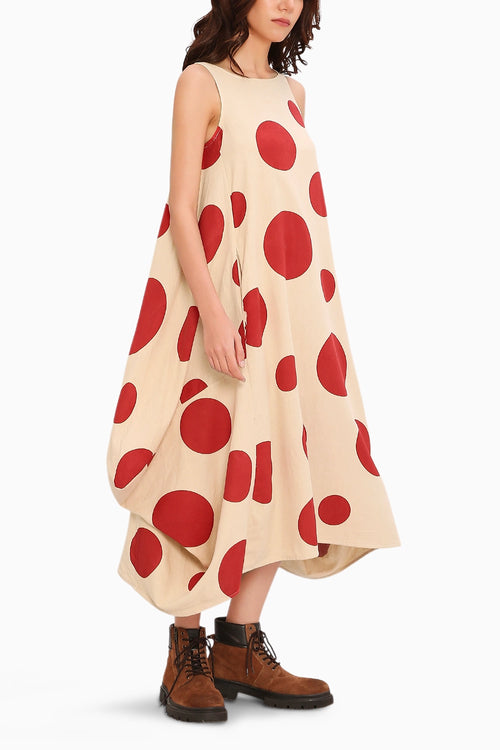 Red Hand Block Printed Polka Vari Dress