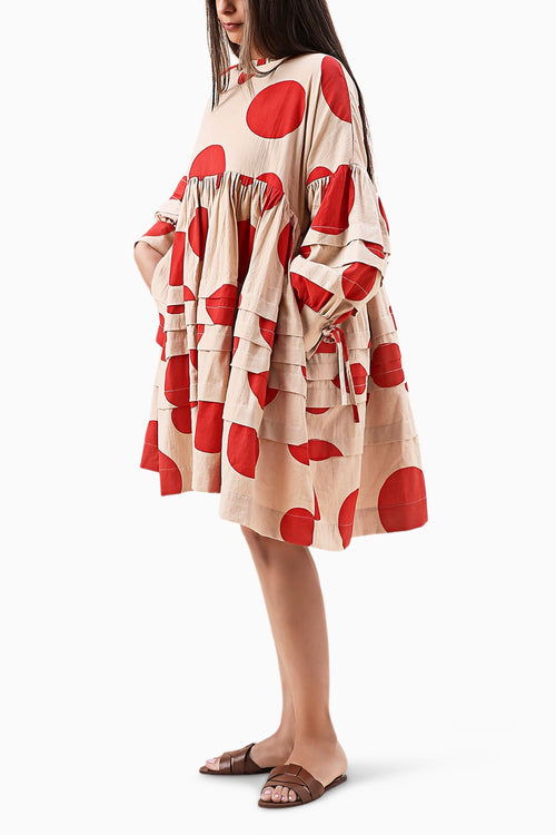 Red Hand Block Printed Polka Avira Dress