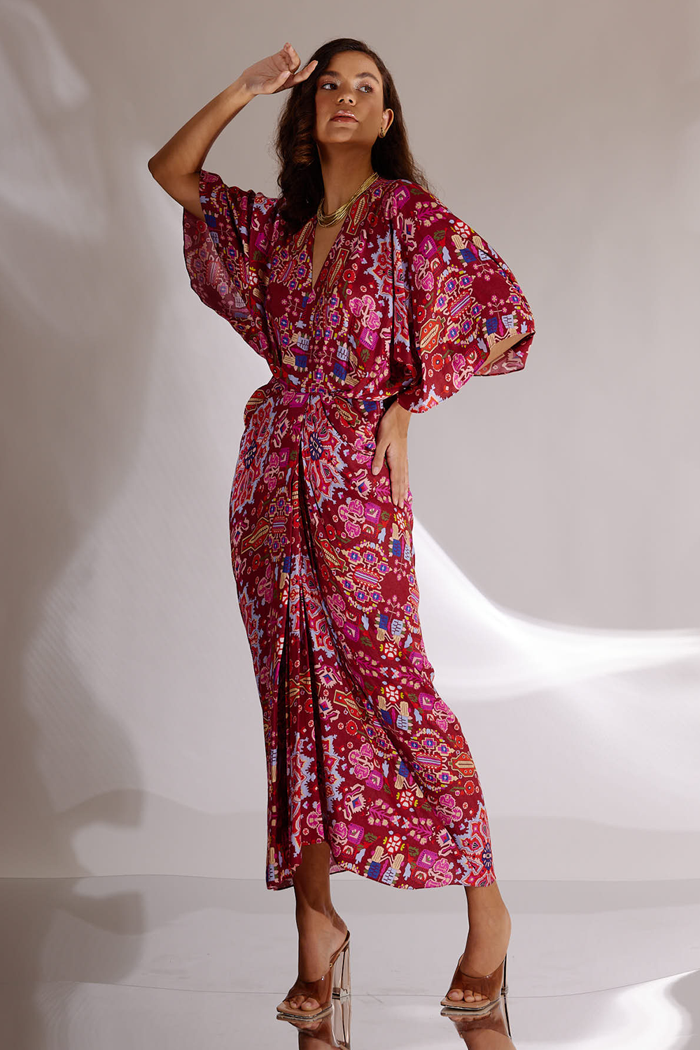 Red Kashan Print Silk Drape Dress