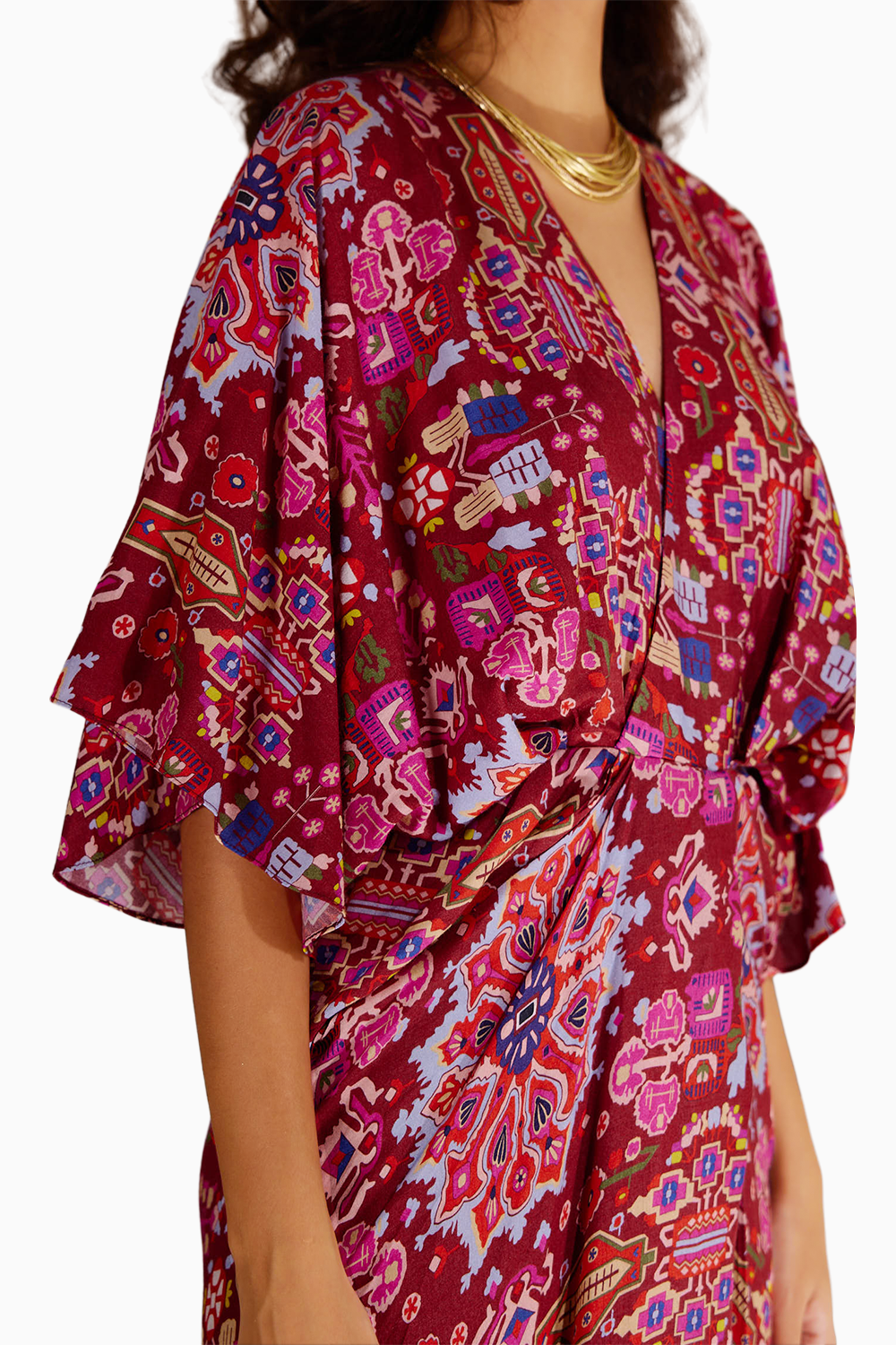 Red Kashan Print Silk Drape Dress