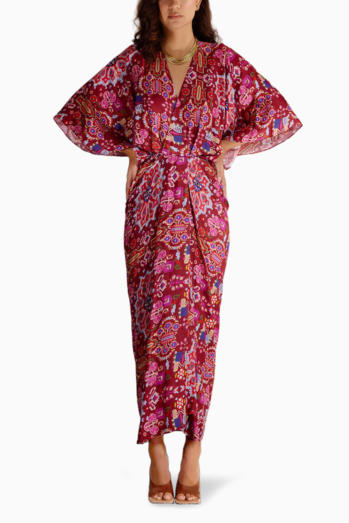 Red Kashan Print Silk Drape Dress