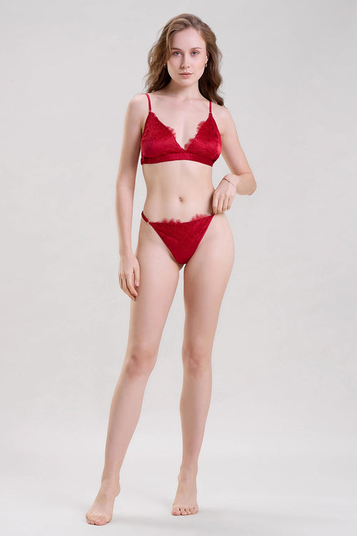 Red Satin Bralette and Thong Set