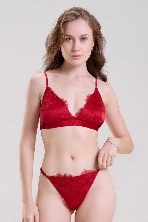 Red Satin Bralette and Thong Set