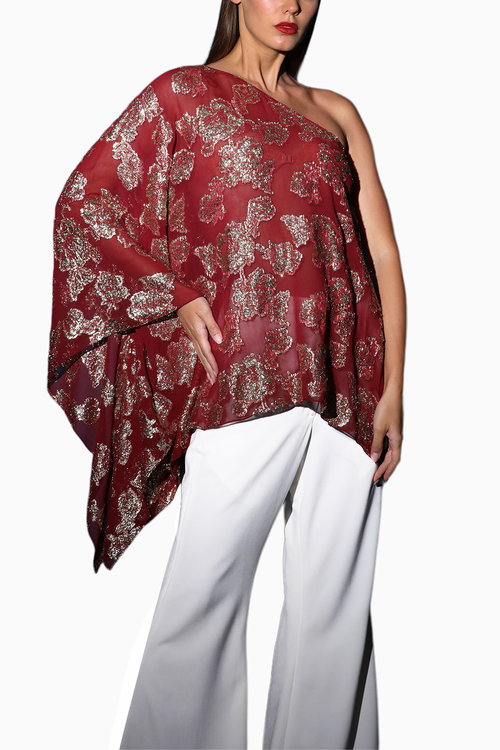 Red One Shoulder Asymmetrical Flared Top