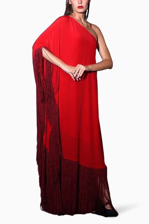 Red One Shoulder Kaftan Dress With Fringes