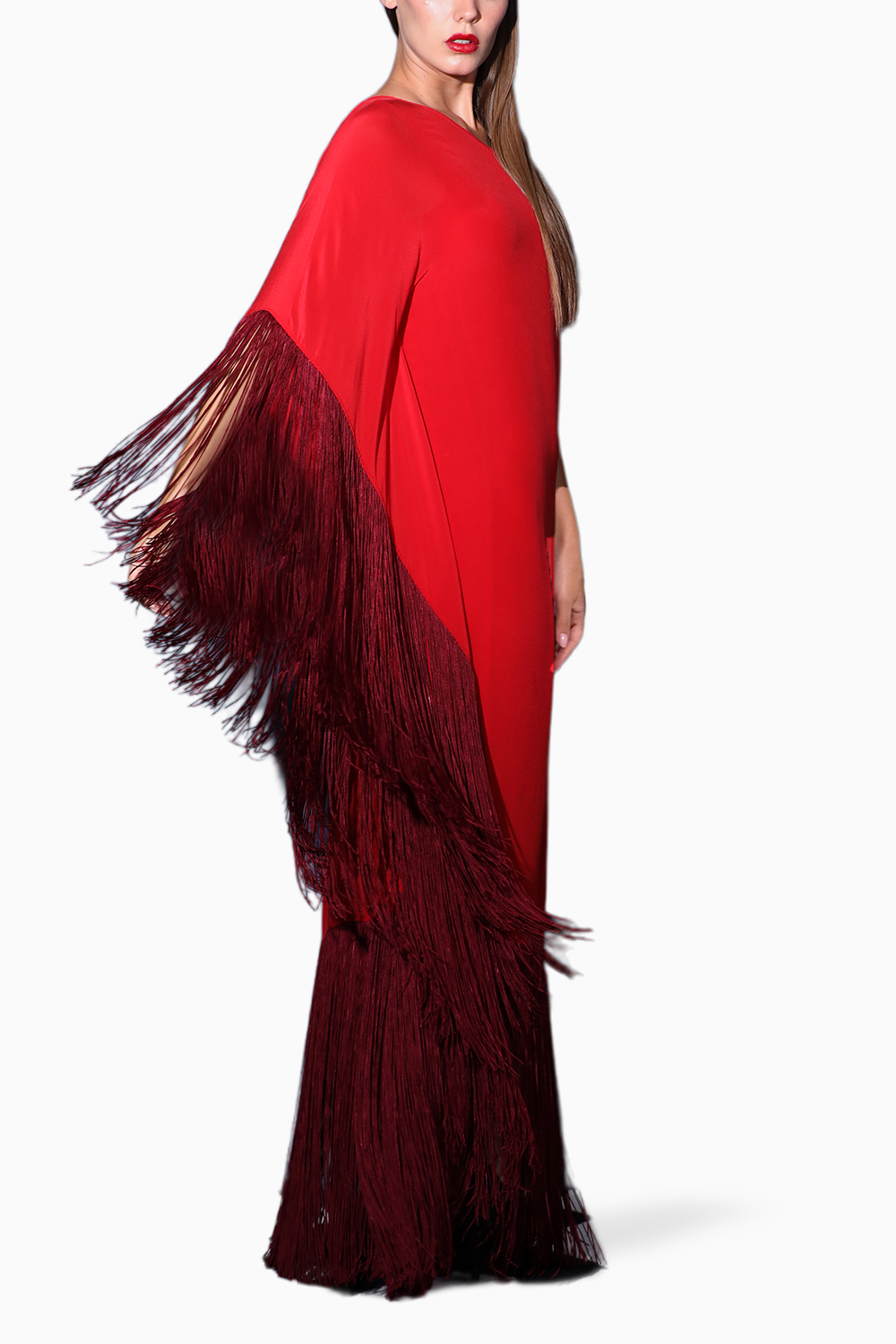 Red One Shoulder Kaftan Dress With Fringes