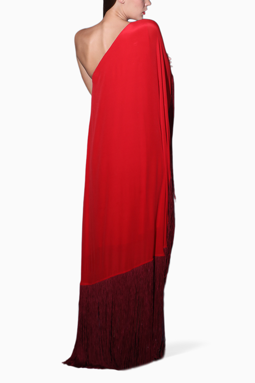 Red One Shoulder Kaftan Dress With Fringes